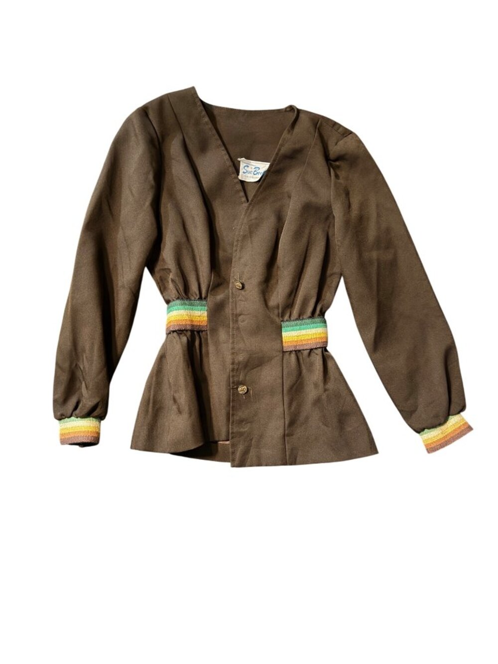 Sue Brett Vintage Junior Brown Jacket With Rainbow Knit Trim Button Front and Ci